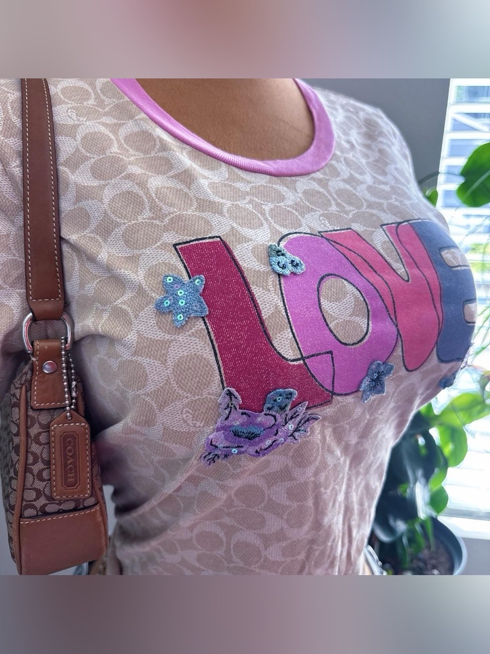 Y2K Coach Signature Logo Love Floral Baby Tee Pink Ringer Top